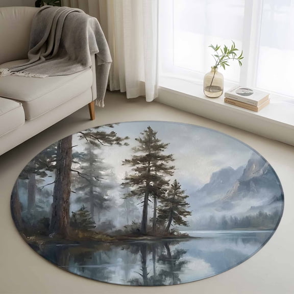 Misty Forest Washable Round Area Rug 3 ft, Rustic Sage Green Pine Trees Foggy Gray Lake Mountain , Soft Non Slip Rugs Stain Repellent Indoor Felt Carpet for Living Dining Room Bedroom Home Office