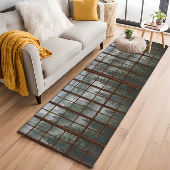 Misty Forest Washable Runner Rugs 2'x6', Wooden Window Forest Mountain Retro Tree Low Pile Throw Entryway Rug Non-Slip Sturdy Edge Binding Carpet for Indoor Bedside Entrance Bedside