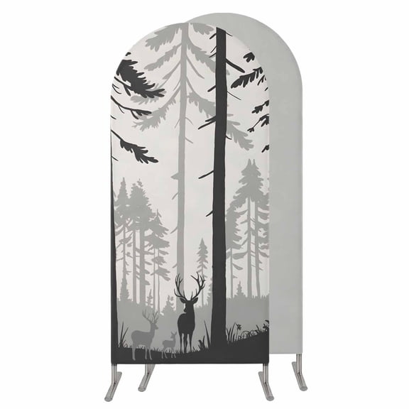 Misty Forest Wedding Arch Cover, Stretchy Spandex Arch Backdrop Stand Covers 4 FT, Pine Trees Elk Vintage Pastoral Gray Round Top Arched Backdrop Cover for Birthday Party Ceremony Baby Shower Event