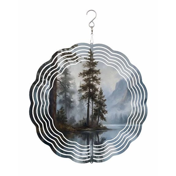 Misty Forest Wind Spinner for Garden Yard 10In, Rustic Sage Green Pine Trees Foggy Gray Lake Mountain 3D Stainless Steel Kinetic Hanging Wind Spinners Rustproof Outdoor Decor for Lawn Patio Home