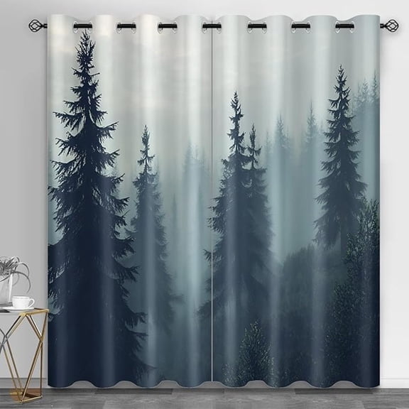 Misty Forest Window Curtains, Pine Jungle Blackout Curtains, Woodland 3D Printed Drapes, Grommet Top Window Treatments for Bedroom Office Kitchen 53"W x 63"L (Pack of 2)