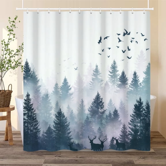 Misty Forest and Deer Shower Curtain Nature Mountain Bath Curtain for Bathroom Decor with Hooks 72x72 in