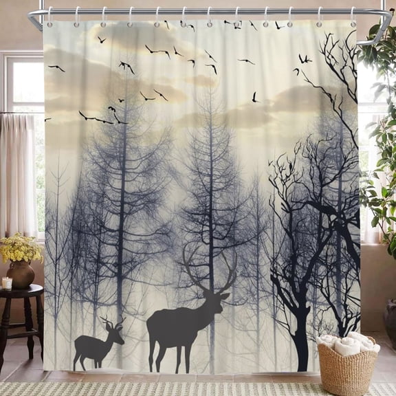 Misty Forest with Deer Shower Curtain Nature Mountain Bathroom Curtain Decor with Hooks 72x72 in