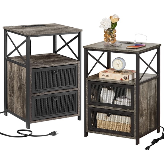 Misty Gray End Table with USB Ports and Outlets,24 Inch Nightstands with Charging Station and Storage Shelf for Bedroom,Living Room, 2 Set