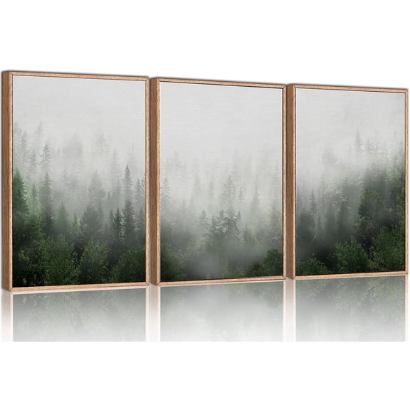 Misty Green Forest Framed Canvas Wall Art Set, Nature Scenery Modern Wall Decor, Foggy Mountain Wall Painting, Woodland Landscape Nursery Art Print for Living Room, Bedroom, Office - 16"x24"x3