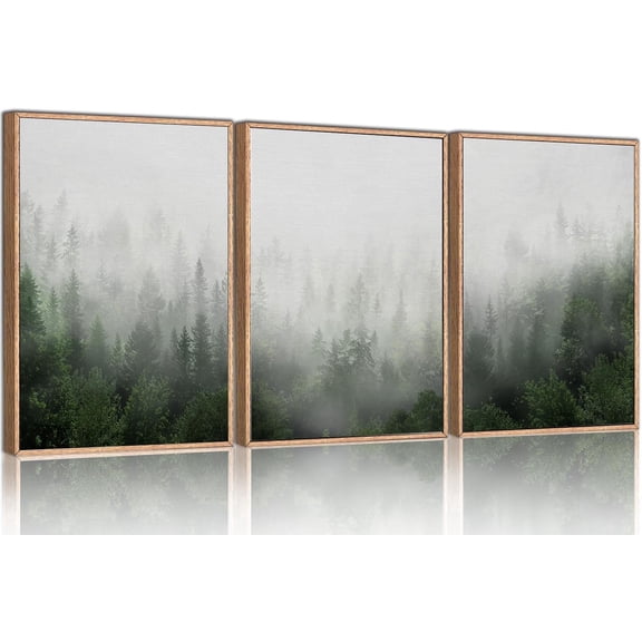Misty Green Forest Framed Canvas Wall Art Set, Nature Scenery Modern Wall Decor, Foggy Mountain Wall Painting, Woodland Landscape Nursery Art Print for Living Room, Bedroom, Office - 16"x24"x3