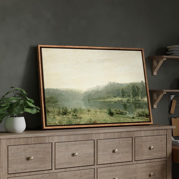 Misty Green Forest River Wall Art Vintage Lake Landscape Art Calm Nature Decor For Living Room Or Bedroom, Unframed Paper Print