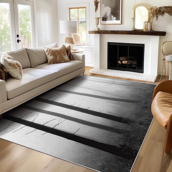 Misty Grey Forest Rug Washable Nature Tree Rugs For Living Room Bedroom, Misty Landscape Scenery Scenic Area Rug For Home Decor, Non Slip Backing Floor Carpet 3x4ft