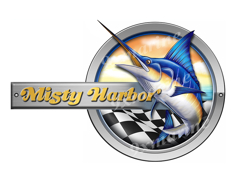 Misty Harbor Marlin Round Designer Sticker 10"x6.5"