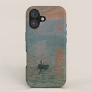Misty Harbor Sunrise with Rowboat Teal Gray and Coral Tough Phone Case for Apple iPhone Series, Polycarbonate and TPU