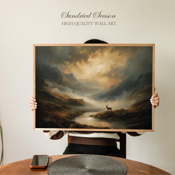 Misty Highland Stag Moody Mountain Landscape Rustic Nature Decor