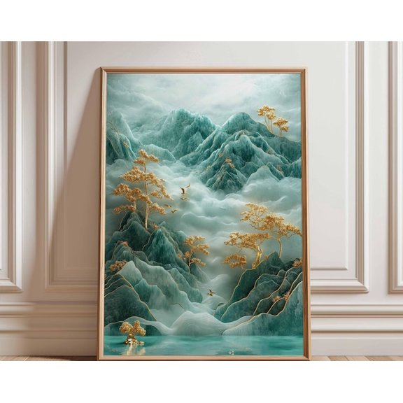 Misty Jade Mountains Chinese Mountain Wall Art Print, Unframed Paper Poster 8x10in