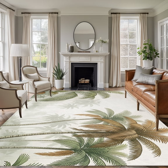 Misty Jungle 8'x10' Large Area Rug for Living Room Sectional Sofa, Retro Coastal Sage Green Palm Trees Washable Non Slip Low Pile Rectangle Area Rug