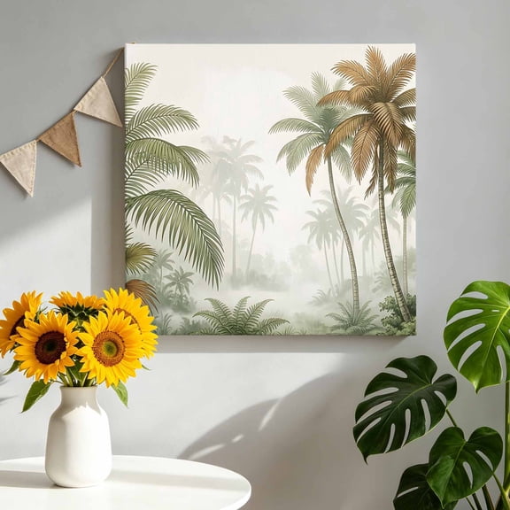 Misty Jungle Canvas Wall Art Framed Wall Decor for Living Room Bedroom Bathroom, Retro Coastal Sage Green Palm Trees Canvas Pictures Ready to Hang Decor, 8"x8"