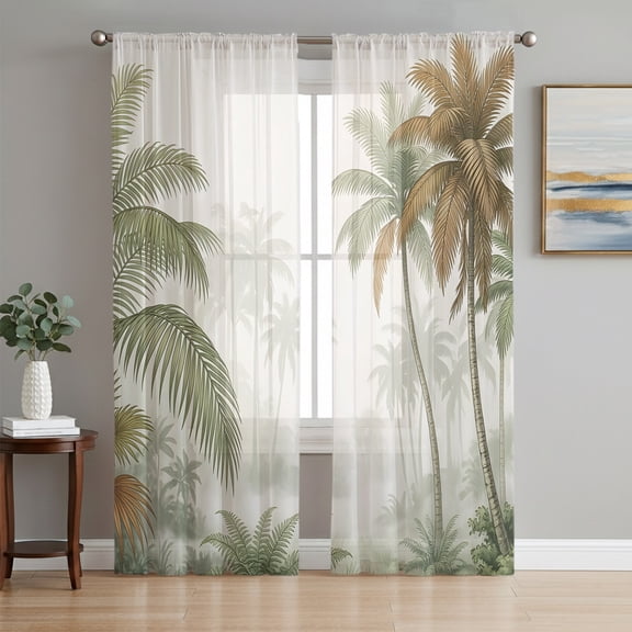 Misty Jungle Sheer Curtains for Living Room Bedroom, Retro Coastal Sage Green Palm Trees Light Filtering Sheer Curtain Rod Pocket Voile Window Treaments Drapes, 52 x 84 Inches