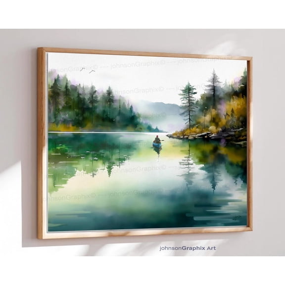 Misty Lake Canoe Sunset Forest Art Print, Unframed Paper Poster 8x10in