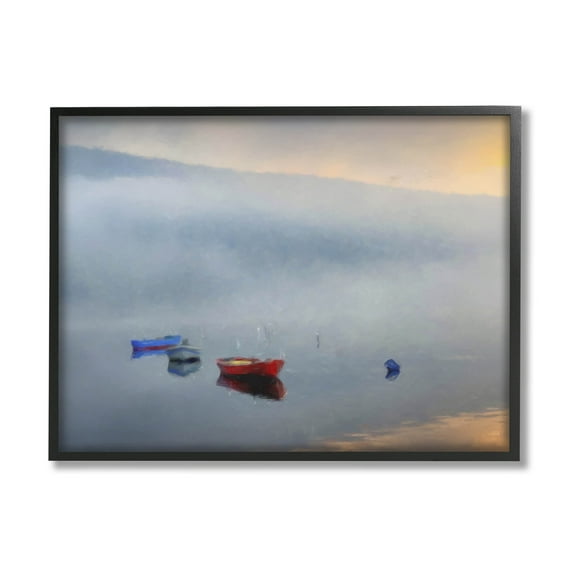 Misty Lake Canoes Fog Scene Landscape Painting Black Framed Art Print Wall Art