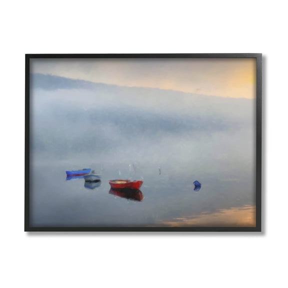 Misty Lake Canoes Fog Scene Landscape Painting Black Framed Art Print Wall Art
