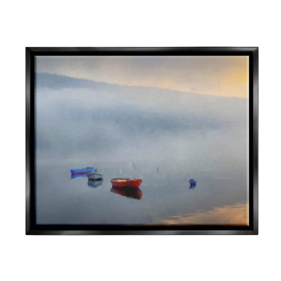 Misty Lake Canoes Fog Scene Landscape Painting Jet Black Framed Art Print Wall Art