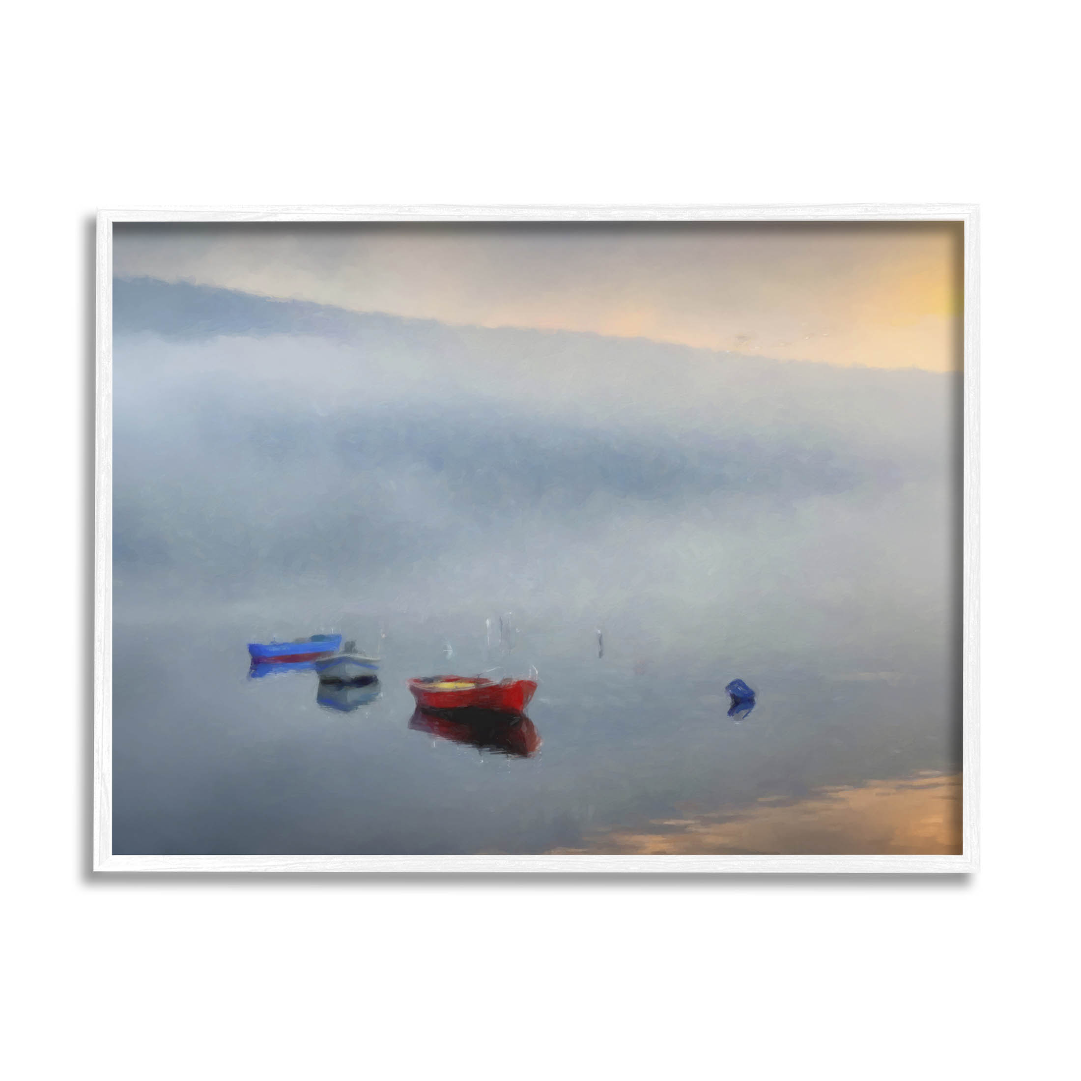 Misty Lake Canoes Fog Scene Landscape Painting White Framed Art Print Wall Art
