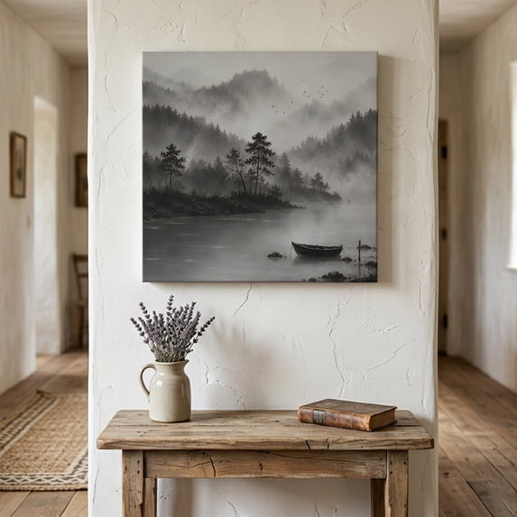 Misty Lake Landscape Canvas Wall Art for Living Room Bedroom Bathroom, Country Vintage Minimalist Gray Tree Boat Canvas Art Wall Decor, Artwork for Walls Home Office Decor, 10"x10"
