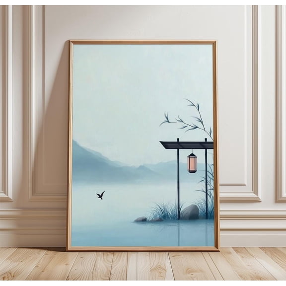 Misty Lake Landscape Minimalist Zen Lantern Water Scene Decor Unframed Paper Print