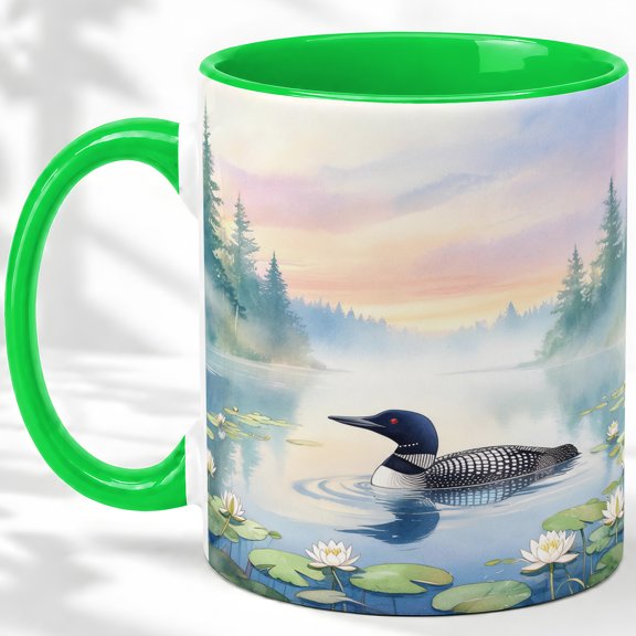 Misty Lake Loon Coffee Mug, Common Loon Mug, Morning Coffee Tea Cup for Cabin Office, Swimming Bird with Water Lilies and Pine Forest, Serene Nature Art, Birdwatchers Women Men
