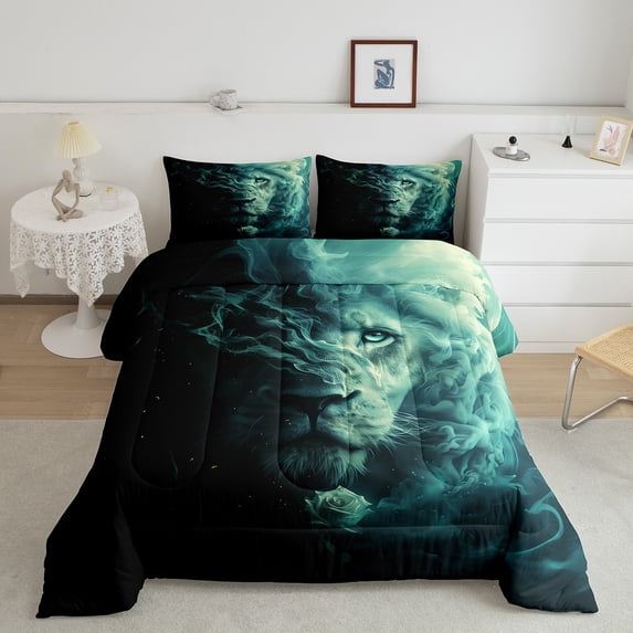 Misty Lion Comforter Set Green Fog Quilt,African Safari Animals Twin Bedding Sets ,Wild Animal Big Cat Duvet Insert,Boho Room Decor