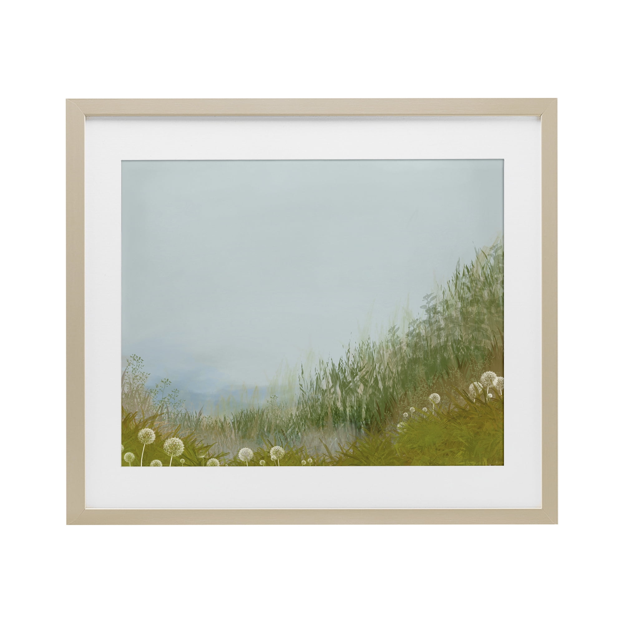 Misty Meadow Hill Birch Framed Print Under Glass, design by Renel Peters