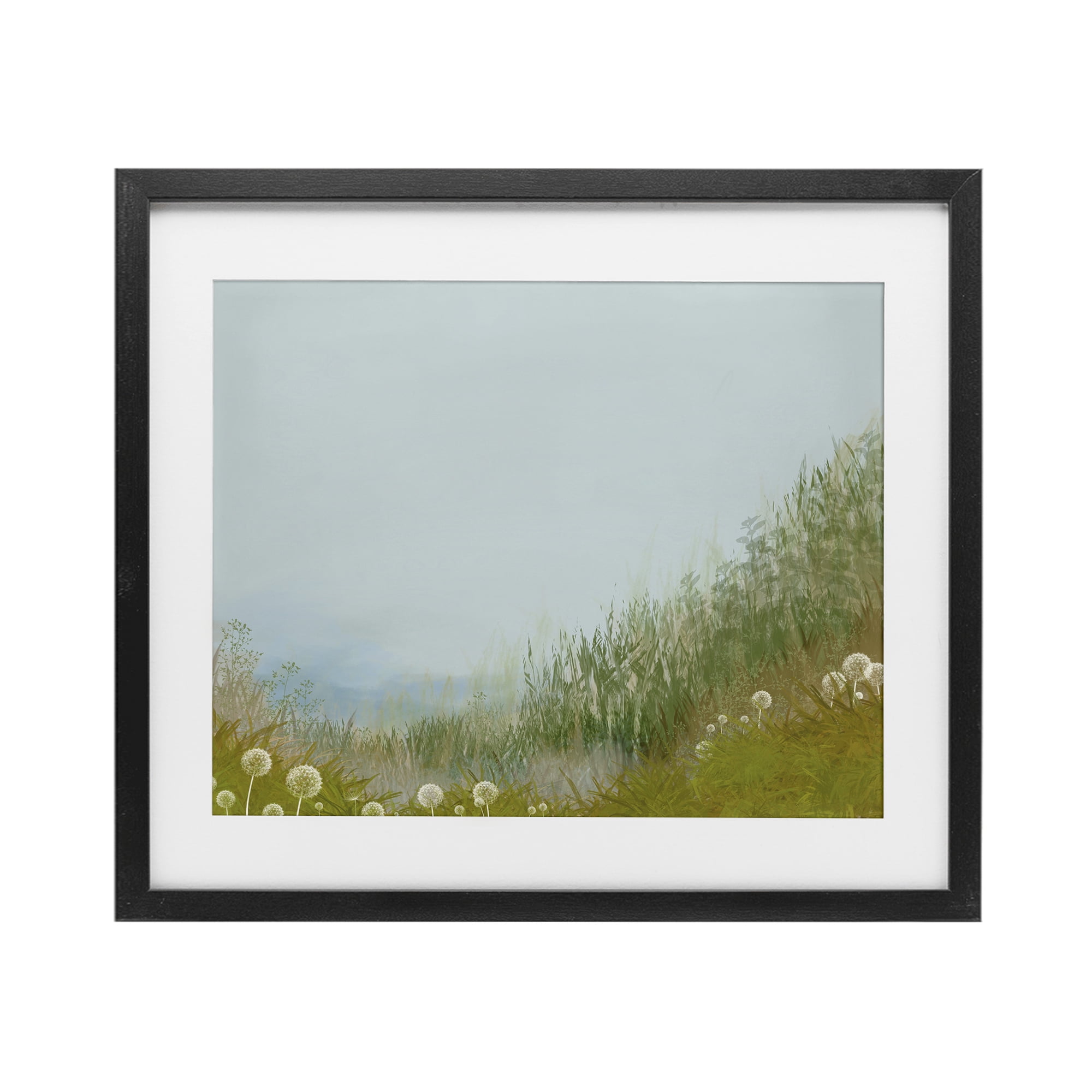 Misty Meadow Hill Black Framed Print Under Glass, design by Renel Peters