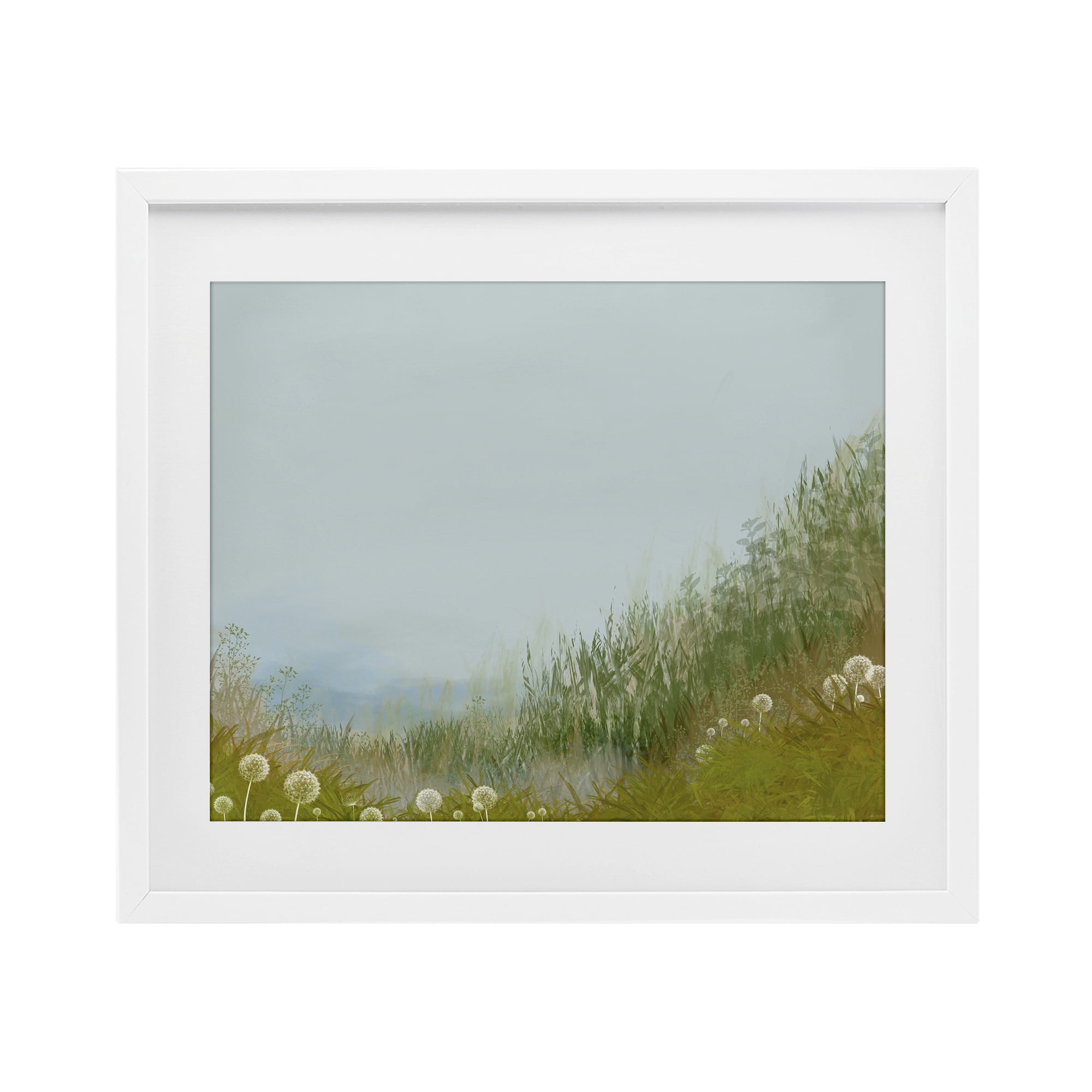 Misty Meadow Hill White Framed Print Under Glass, design by Renel Peters