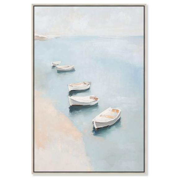 Misty Morning Boats II Canvas Print Classic Coastal Art by Art Remedy, Silver Frame, 30 x 45