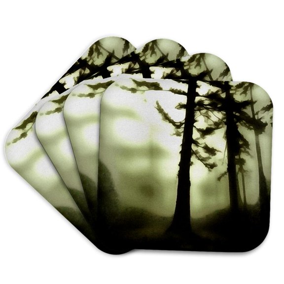 3drose, Misty Morning Monotone Forest Landscape Art, Set of 4 Coasters - Soft
