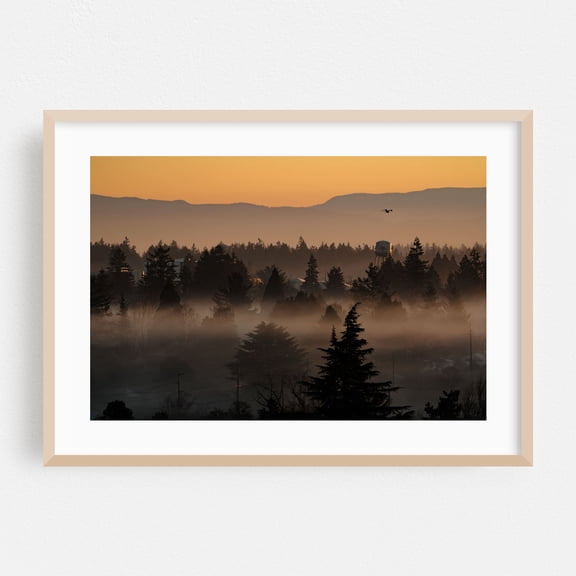 Misty Morning Tranquility - Portland Oregon Photography Foggy Silhouette Woodland Sunset Scenic Nature Mystical Oak Framed Wall Art Print 16 x 24 inches
