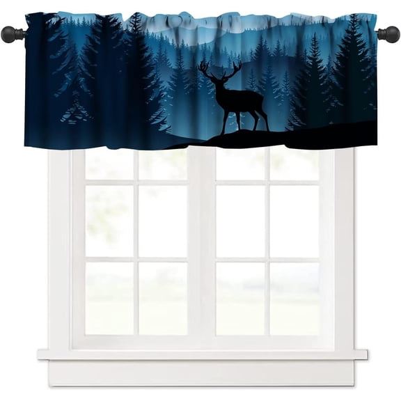 Misty Mountain Deer Valance Curtain, Rustic Retro Blue Foggy Forest Landscape Nature Woodland Wild Animal Deer Print Blackout Window Drape for Kitchen Bedroom, 54x18inch
