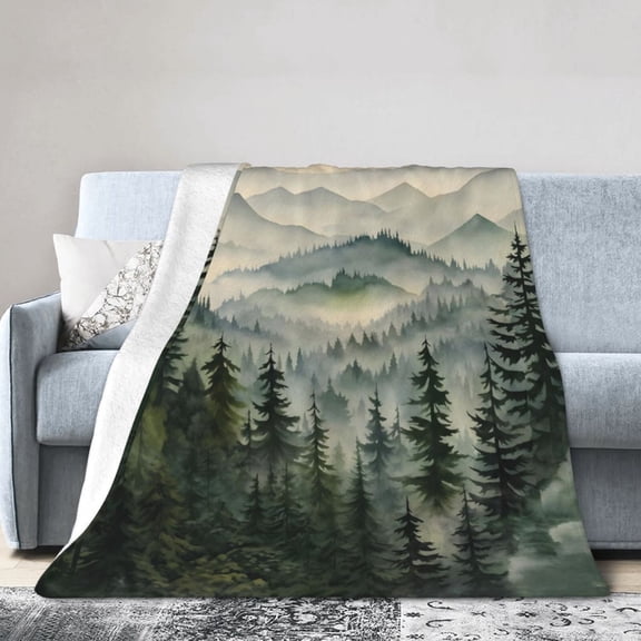 Misty Mountain Forest Blanket Gift Throw Blanket Watercolor Nature Landscape Gift for Outdoor Lovers Decor 80x60