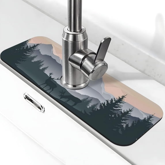 Misty Mountain Forest Faucet Mat for Kitchen Sink Deer Drying Mat Super Absorbent Sink Faucet Mat for Kitchen Bathroom Sink Cafe Bar Faucet Decor Christmas Gifts (mountain forest deer, 15" x 5.5")