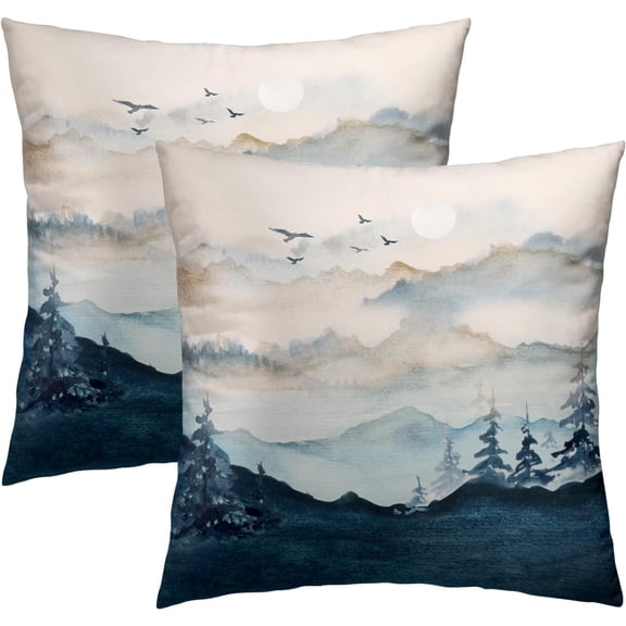 Misty Mountain Forest Pillow Covers 18x18 Inch Blue Burnt Orange Decorative Double Sided Cushion Covers Set of 2 Nature Landscape Pillowcases for Couch Bedroom Car