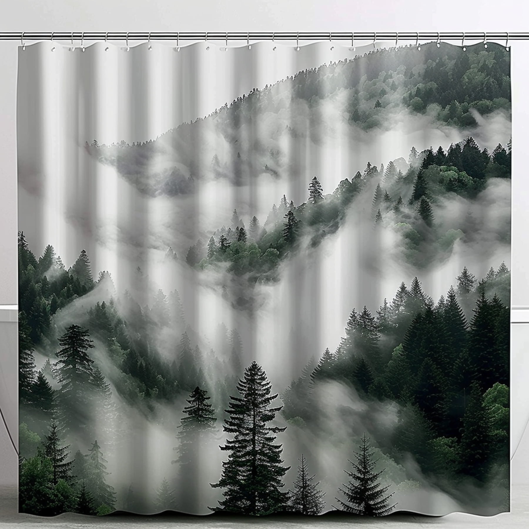 Misty Mountain Forest Shower Curtain Green Trees Bathroom Decor Nature