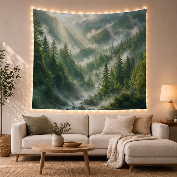 Misty Mountain Forest with Winding River and Sunbeams Serene Cottagecore for Nature Lovers Forest Wall Art Housewarming Gift Tapestry Wall Hanging for Bedroom and Living Room
