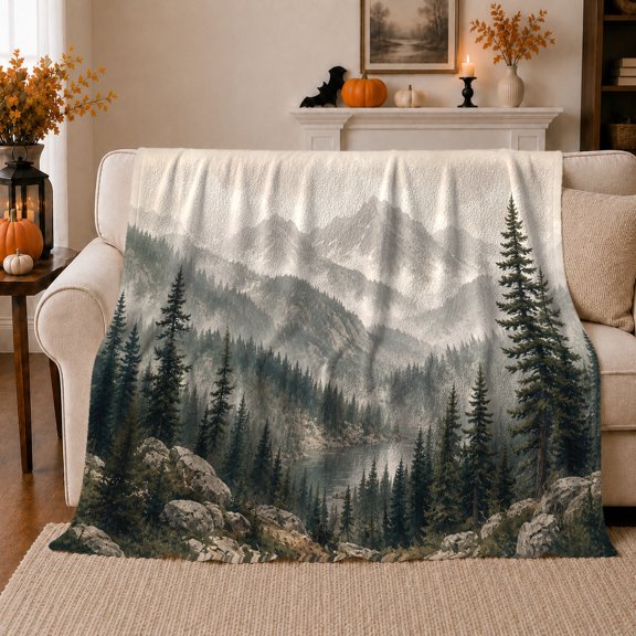 Misty Mountain Lake Forest Scene Painterly Landscape, Peaceful Mountain Lake Scene, Warm Flannel Blanket for Cabin and Lodge, Outdoor Lovers Friendship Gift, Artistic Home Decor