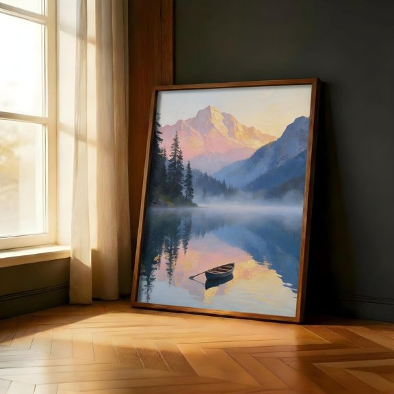 Misty Mountain Lake Print Peaceful Forest Reflection Serene Rowboat Sunrise Nature Wall Decor