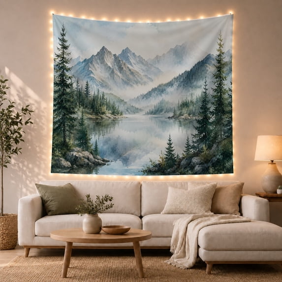 Misty Mountain Lake Surrounded by Forest, Peaceful Watercolor for Nature Lovers Forest Landscape Wall Art Housewarming Gift Tapestry Wall Hanging for Bedroom and Living Room
