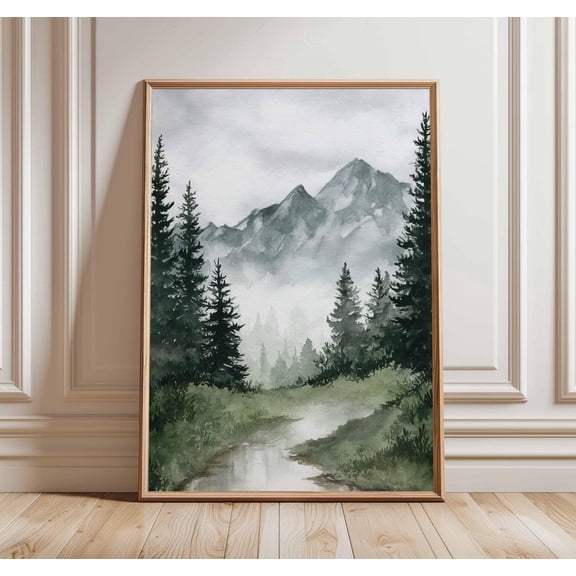 Misty Mountain Landscape Forest Rustic Cabin Wall Art Print, Elegant Decorative Theme For Bedroom, Office And Home Decor
