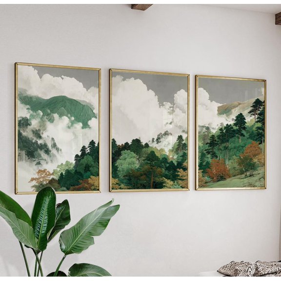 Misty Mountain Landscape Japanese Ink Wash Prints Version 2 Set 3 Unframed Paper Print 16x24