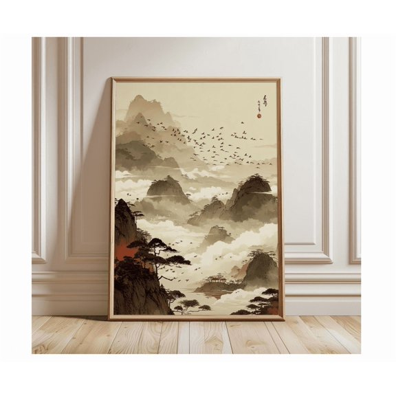 Misty Mountain Landscape Poster Japanese Ink Style Wall Art Serene Nature Panorama Decor