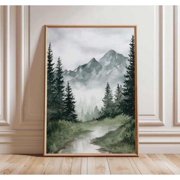 Misty Mountain Landscape Print, Watercolor Forest, Rustic Cabin Wall Art, Poster Only