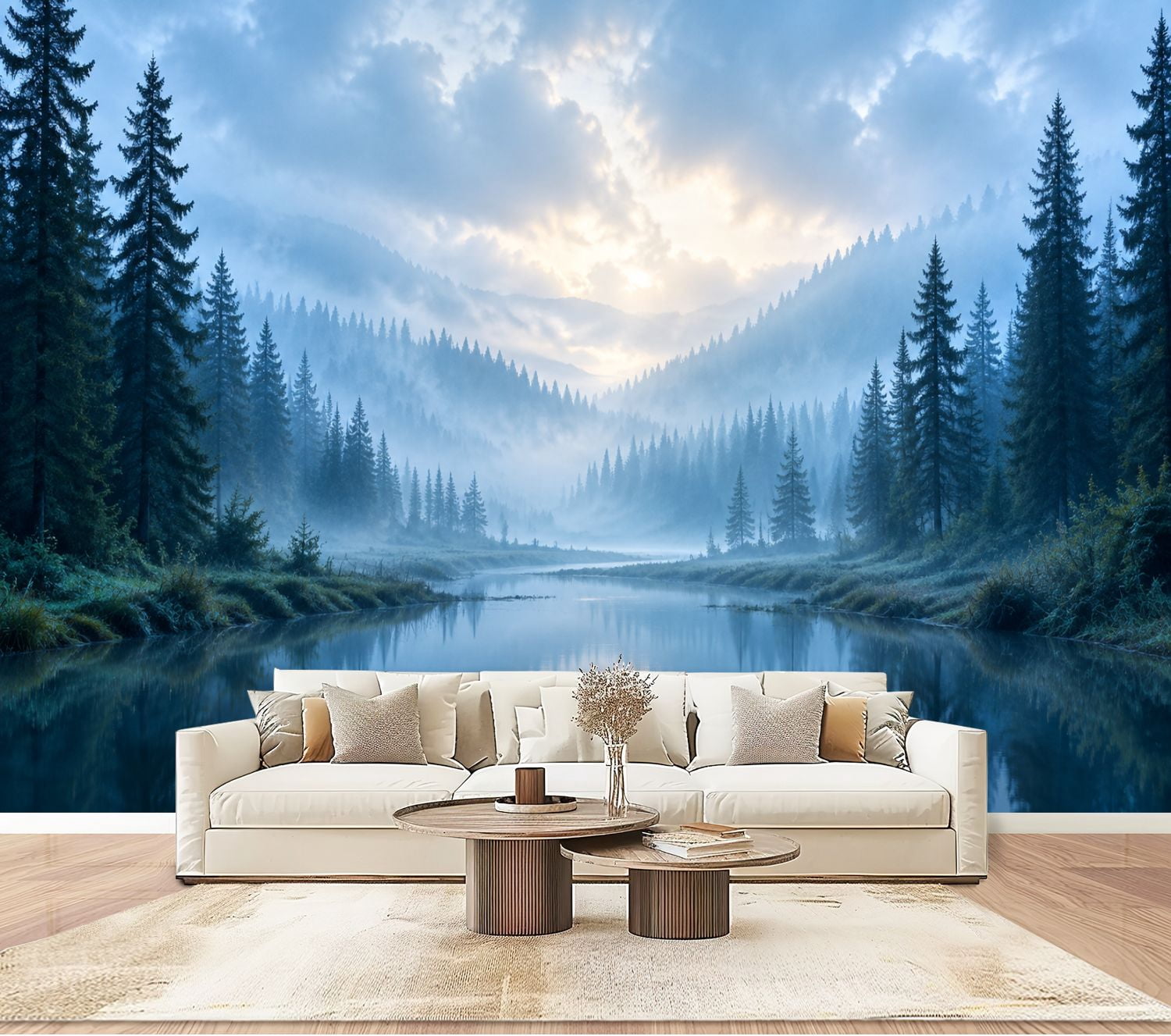 Misty Mountain Landscape Wallpaper Tranquil River Pine Trees nature ...
