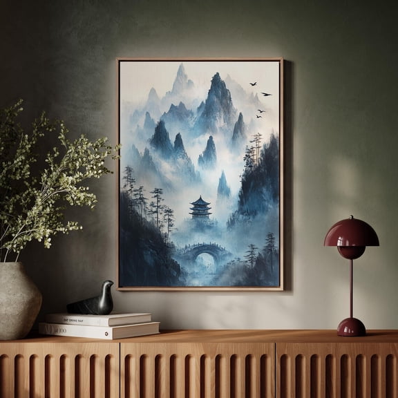 Misty Mountain Pagoda - Asian Zen - Tranquil Chinese Landscape Print - Serene Nature Decor - Blue Ink Painting Wall Art, Modern Wall Decor, 8x12 UNFRAMED