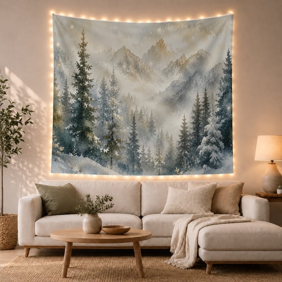 Misty Mountain Peaks Above an Evergreen Valley, Serene Illustration for Nature Lovers, Alpine Landscape Art, Housewarming Gift, Tapestry Wall Hanging for Living Room and Den